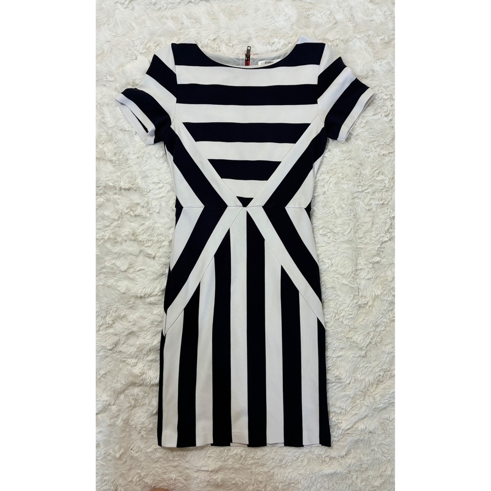 Vintage Esley Navy Blue Cream Striped Sheath Dress Orange Back Zipper Small